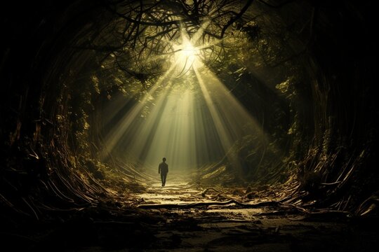 Tunnel opening in the distance, radiating light into darkened path
