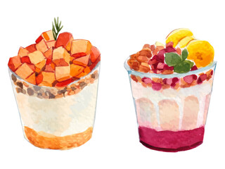Smoothies watercolor illustration set. Mango, banana, watermelon, fruit juice painting. Isolated elements on white. 