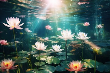 Underwater view of floating lotus flowers in a pond