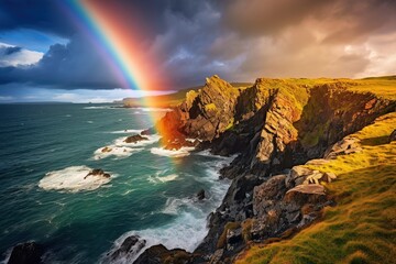 Vibrant rainbow arching over a rocky, windswept coastline after a storm