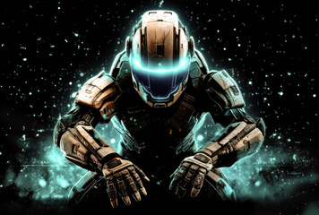 Fototapeta premium a soldier in blue helmet and black trousers in the city, future concept of mechanical suit of the future for soldiers or policemen