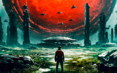 SCI Fi Wallpaper of a person looking towards alien ships in what looks like an alien invasion