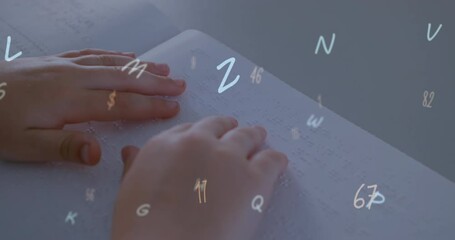 Animation of letters and numbers over caucasian girls reading braille
