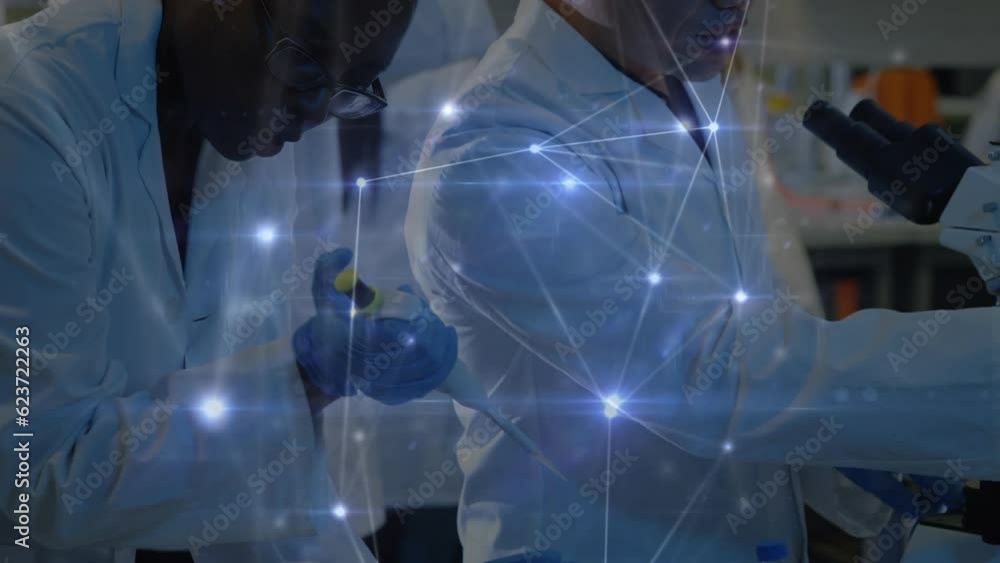 Poster animation of network of connections over diverse scientists in laboratory