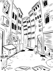 Narrow dirty street illustration. Derelict townhouse, black windows, trash bin, rubbish. Isolated vector drawing. 