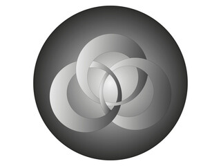 Grafika wektorowa przedstawiająca figurę składającą się z trzech przenikających się wzajemnie okręgów, umieszczonych w szarym kole.
