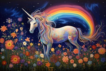 Obraz na płótnie Canvas Whimsical, multi-coloured unicorn grazing peacefully in a moonlit meadow