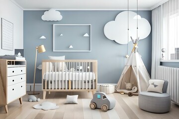 The modern scandinavian newborn baby room with mock up photo frame, wooden car and hanging clouds
