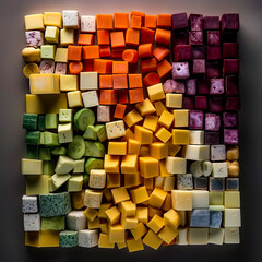 some colorful vegetable pieces all arranged into cube, top view