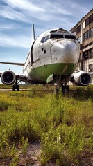 Fototapeta na wymiar Abandoned Airport in Disrepair with Overgrown Grass and Crumbling Buildings. Generative AI