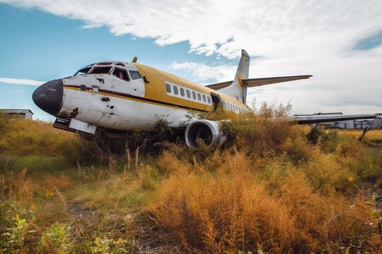 Abandoned Airport in Disrepair with Overgrown Grass and Crumbling Buildings. Generative AI