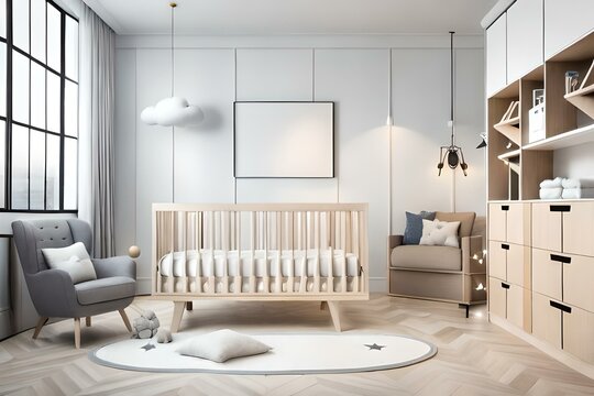 The modern scandinavian newborn baby room with mock up photo frame, and clouds. Hanging cotton flags and white stars. Minimalistic and cozy interior