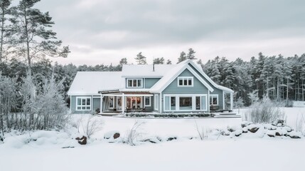 Scandinavian Villa with Snow-Covered Roof and Crisp White Exterior. Generative AI