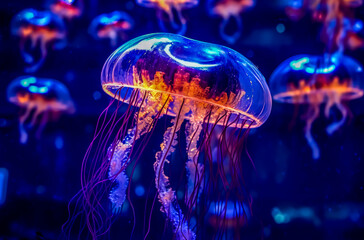 jellyfish swimming in water, dark background