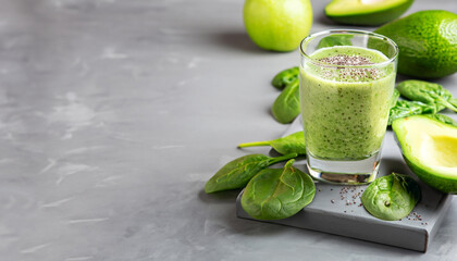 Vegetarian healthy green smoothie from avocado, spinach leaves, apple and chia seeds on gray...