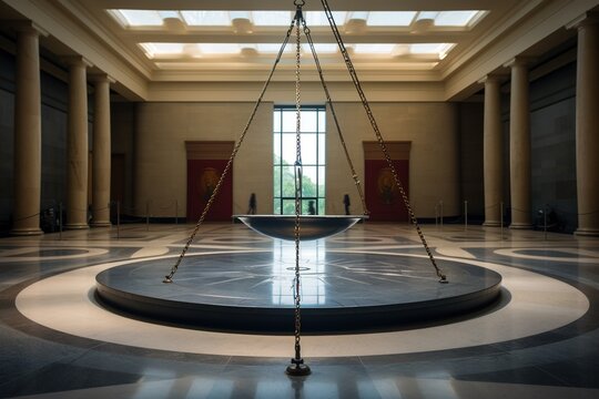 Wide-angle shot of the swing of a Foucault pendulum in an empty museum