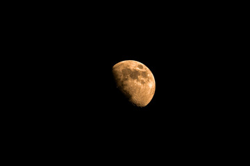 Czarne, bezchmurne nocne niebo. W środku kadru widać tarczę księżyca zabarwioną lekko na żółty kolor. Księżyc wchodzi w fazę ostatniej kwadry.
- 623723414