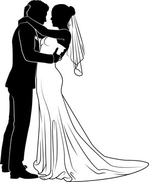 Bride and groom couple silhouettes. Woman in a bridal wedding dress