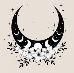 Moon phase flowers. Vector floral moon. Black crescent floral graphic element. Celestial boho drawing illustration. Moon phase and flowers black logo. Astrology moon shape design. © Любовь Овсянникова