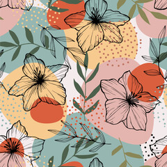 Floral background. Graphic line drawing. Botanical seamless pattern. 
