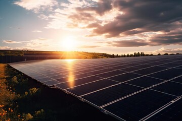 Captivating Panoramic View of Solar Panels with Sun Flare - Cinematic Shot