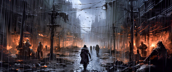 persons is walking in a dark city, with fog background, the enemy is chasing