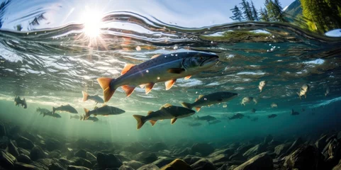 Foto op Plexiglas Contrasting Colors: Captivating Underwater Photography of Alaskan Salmon, generative ai © Matus