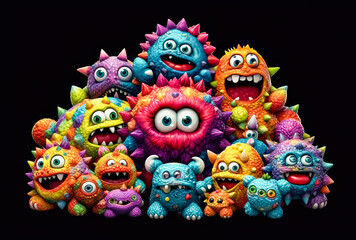 many colorful monster are sitting in front of a dark background, cute, humorous
