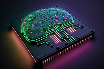 Computer chip cpu with human brain. - obrazy, fototapety, plakaty