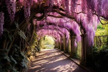 Wisteria canopy in full bloom over a quiet garden path