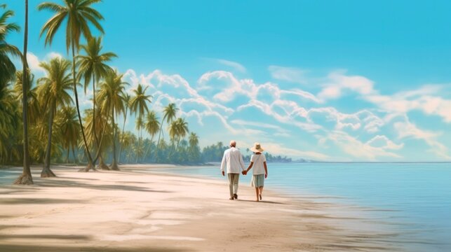 Elderly couple walk along the beach on a summer morning