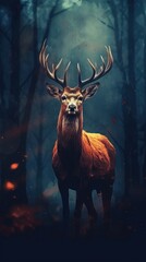 Majestic Deer in Bokeh on Dark Background. Generative AI
