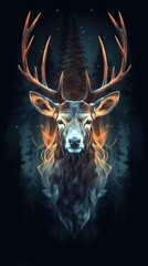 Majestic Deer in Double Exposure on Dark Background. Generative AI