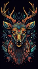Illustrated Deer on Dark Background. Generative AI