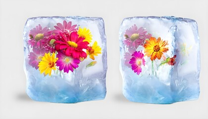 Flowers in the ice, white background,, AI generated 