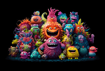 colorful cute monsters are gathered in front of dark eerie