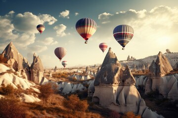 Air balloons fly mountains. Generate Ai