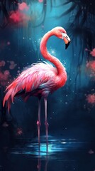 Flamingo Watercolor Painting on Dark Background. Generative AI