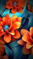 Organic Dark Sky Blue and Orange Flowers Wallpaper for iPhone and Android. Generative AI