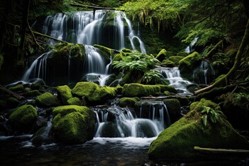 Fototapeta na wymiar Cascading waterfall surrounded by dense fern and moss growth