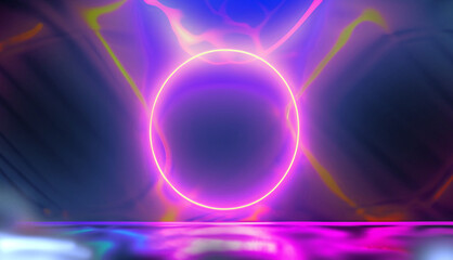 Neon lighting effect, neon background, neon background with wall. Abstract neon lights background with laser rays, and glowing lines. AI-Generated