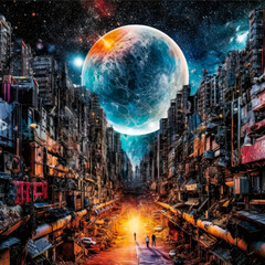 the moon is very close to the earth, above a city, person on the street,