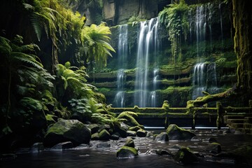Cascading waterfall surrounded by dense fern and moss growth