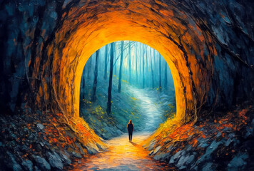 illuminated dark tunnel in a forest, with a person in it, vibrant palette colours, painting style
