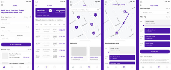 Bus Stop Tracking, Route Tracker and Public Transport, Booking and Book Coach Ticket App UI Kit Template