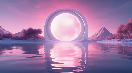 Fototapete Hell-pink Abstract neon background with super moon and circle shape, Beautiful frame and extraterrestrial landscape under the night sky and Rocks. Futuristic technology minimalist background. Generative AI.