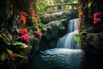 Cascading waterfall surrounded by vivid tropical foliage