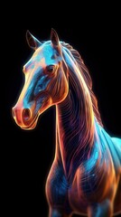 Neon Horse Galloping on Dark Background. Generative AI