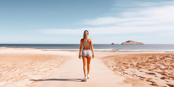 Athletic woman running on the beach. Female runner. Generative AI