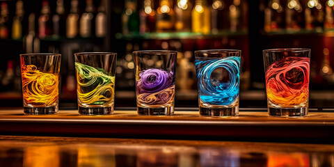 colorful shots in a row on a bar